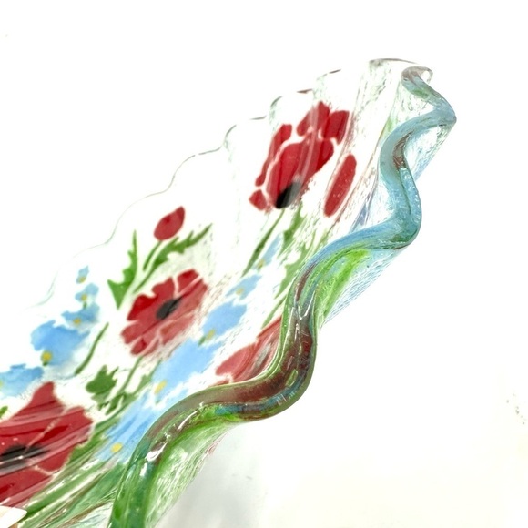 Fused Glass Plate Red Poppy Blue Delphinium Floral Scalloped Edge Botanical Art - Picture 4 of 7